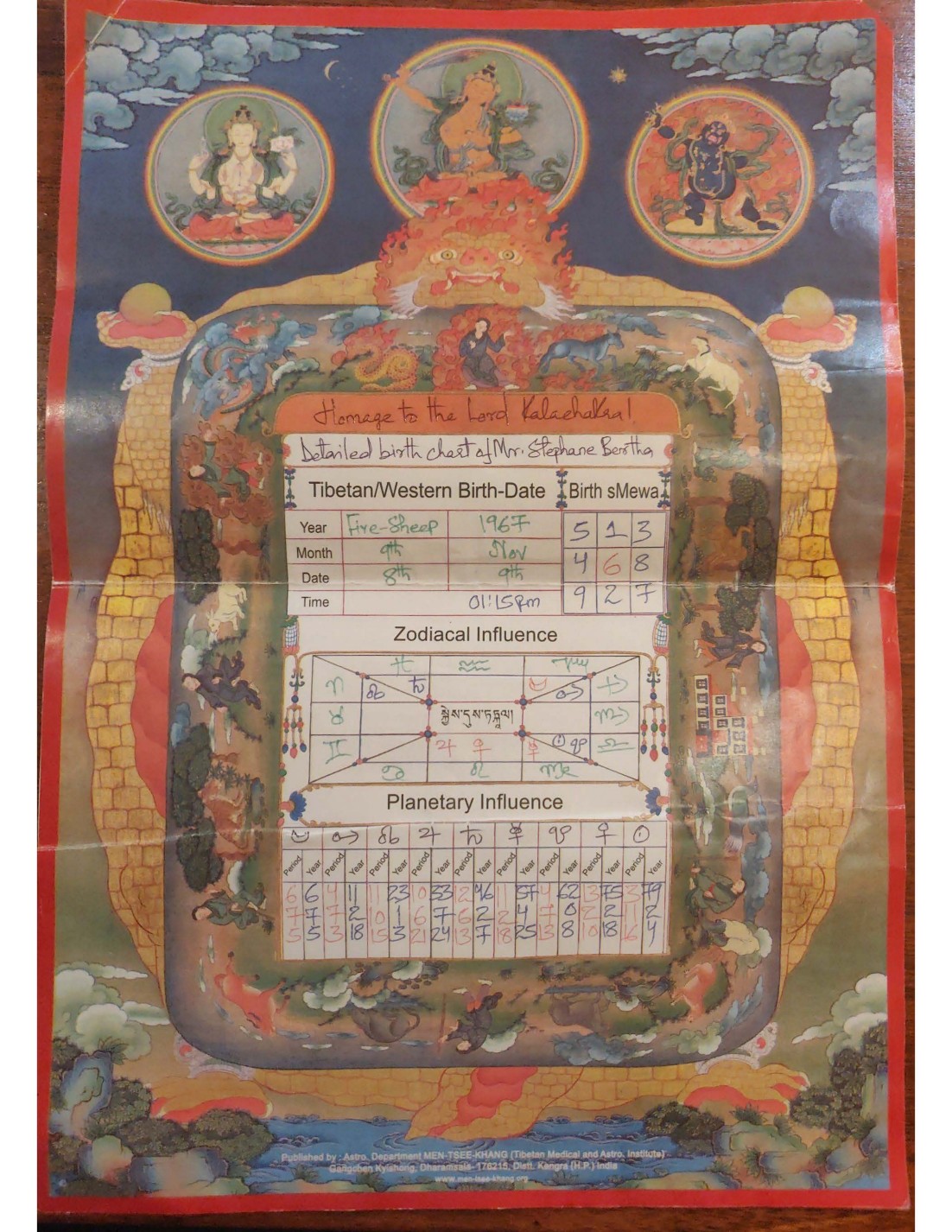 The illustrated opening page of Stéphane Bertha's traditional Tibetan astrological calculation